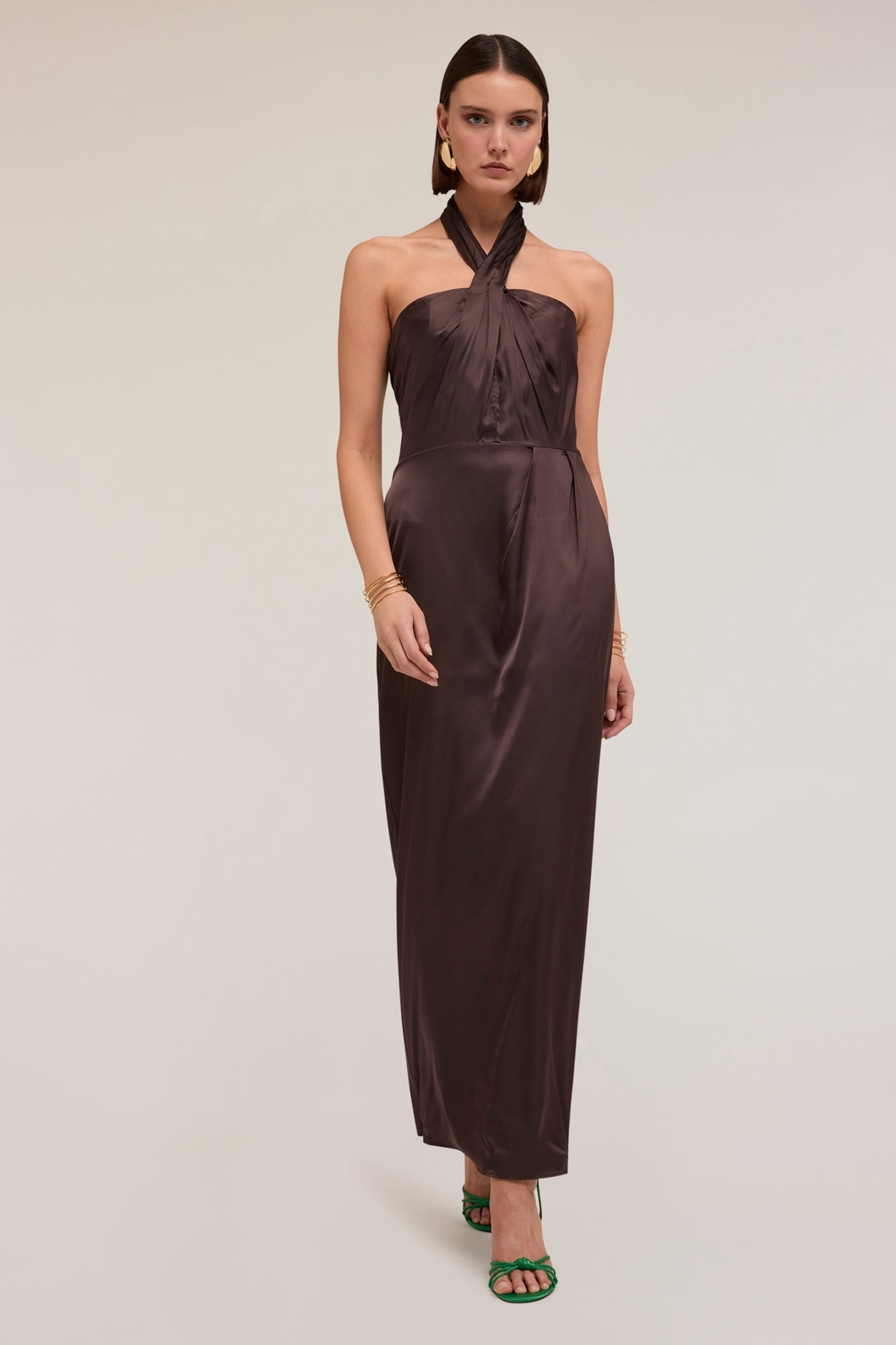 SHINY SATIN HALTERNECK DRESS BROWN 1