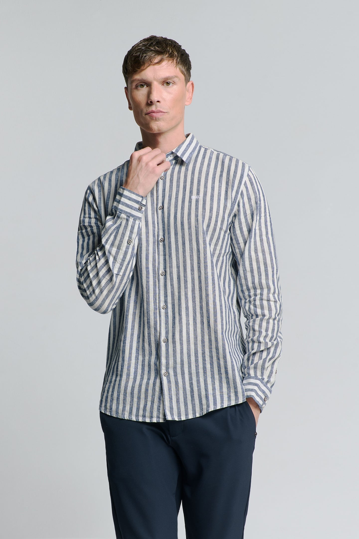 SHIRT VERICAL BIG STRIPES WITH LINEN INDIGO BLUE 1