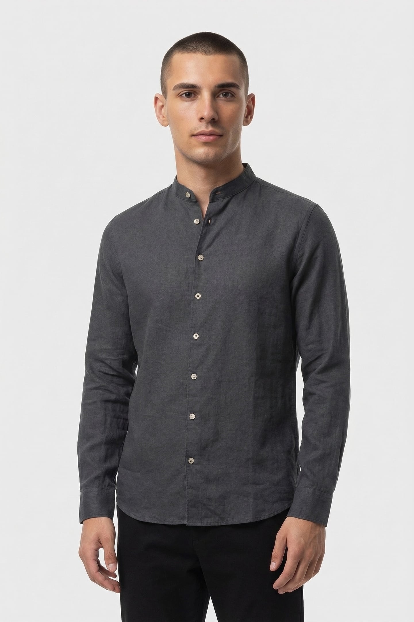 SHIRT GRANDDAD SOLID WITH LINEN DARK STEEL 2