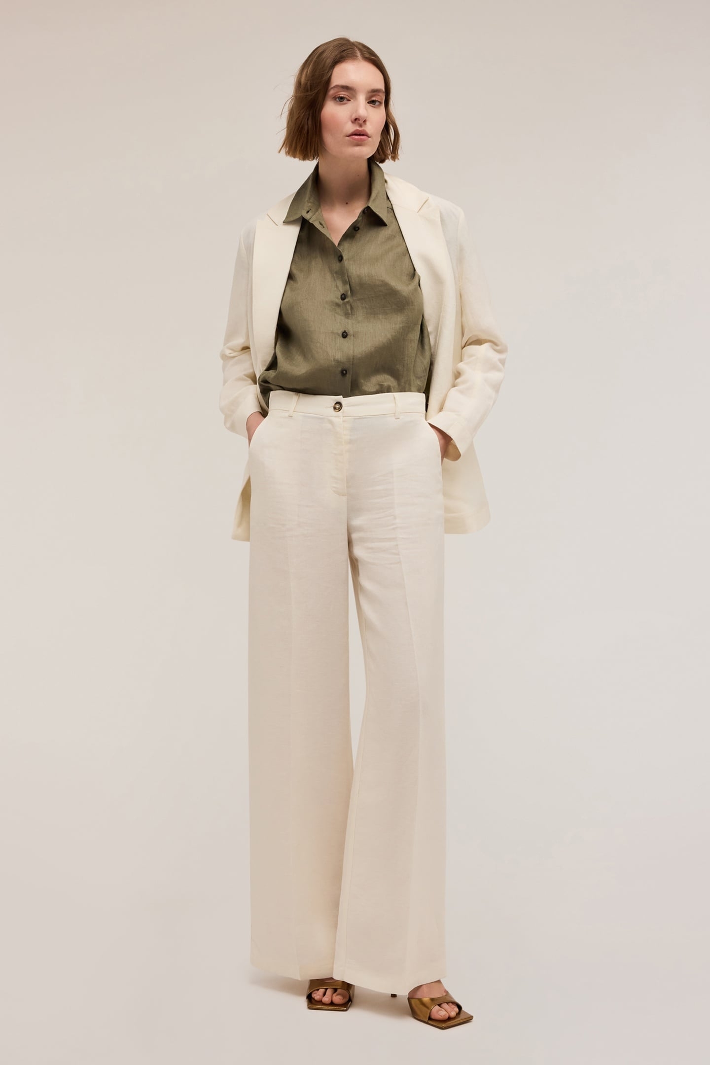 WIDE LEG LINEN BLEND TROUSERS WHITE 1
