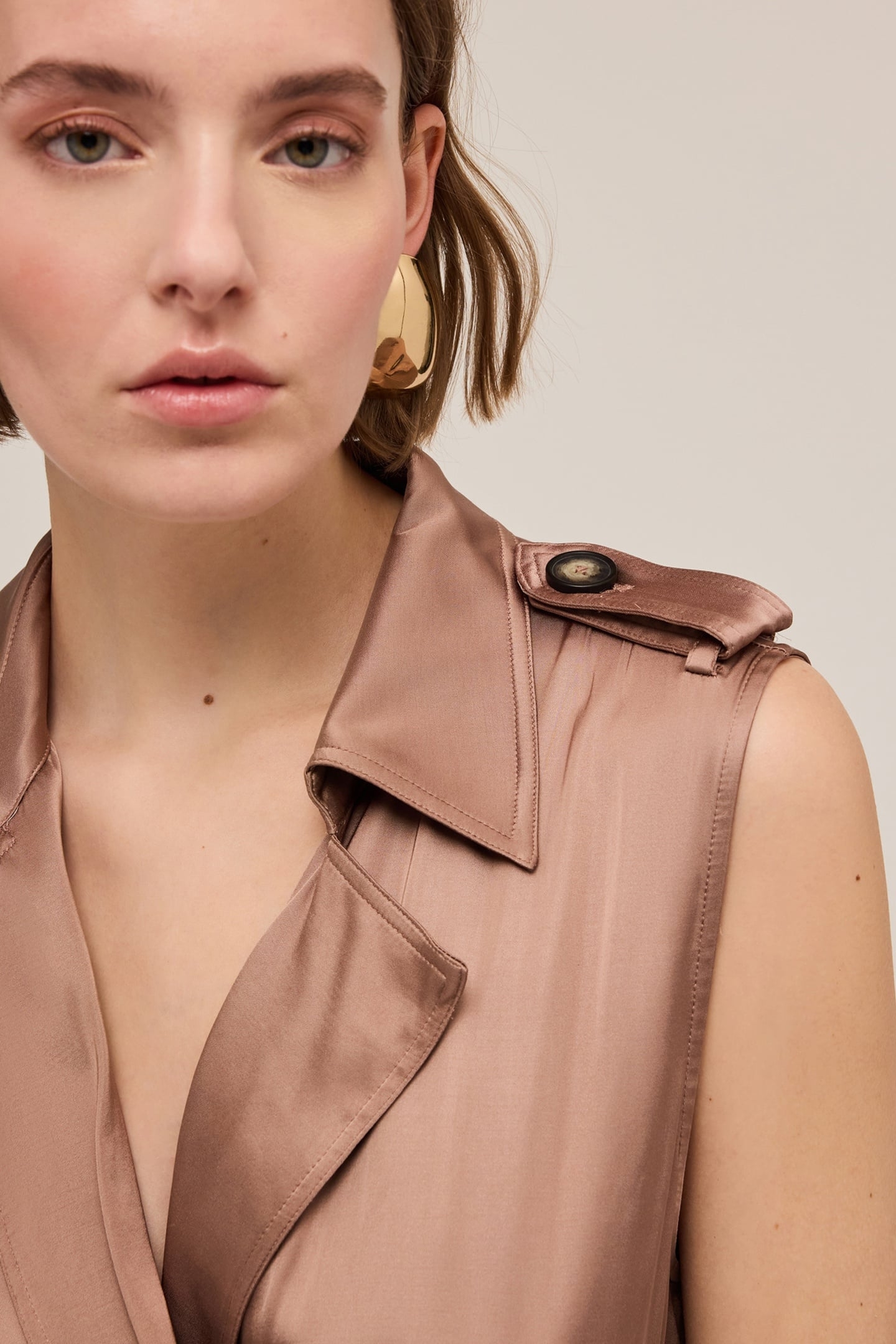 DOUBLE BREASTED SHINY SATIN DRESS BROWN 4