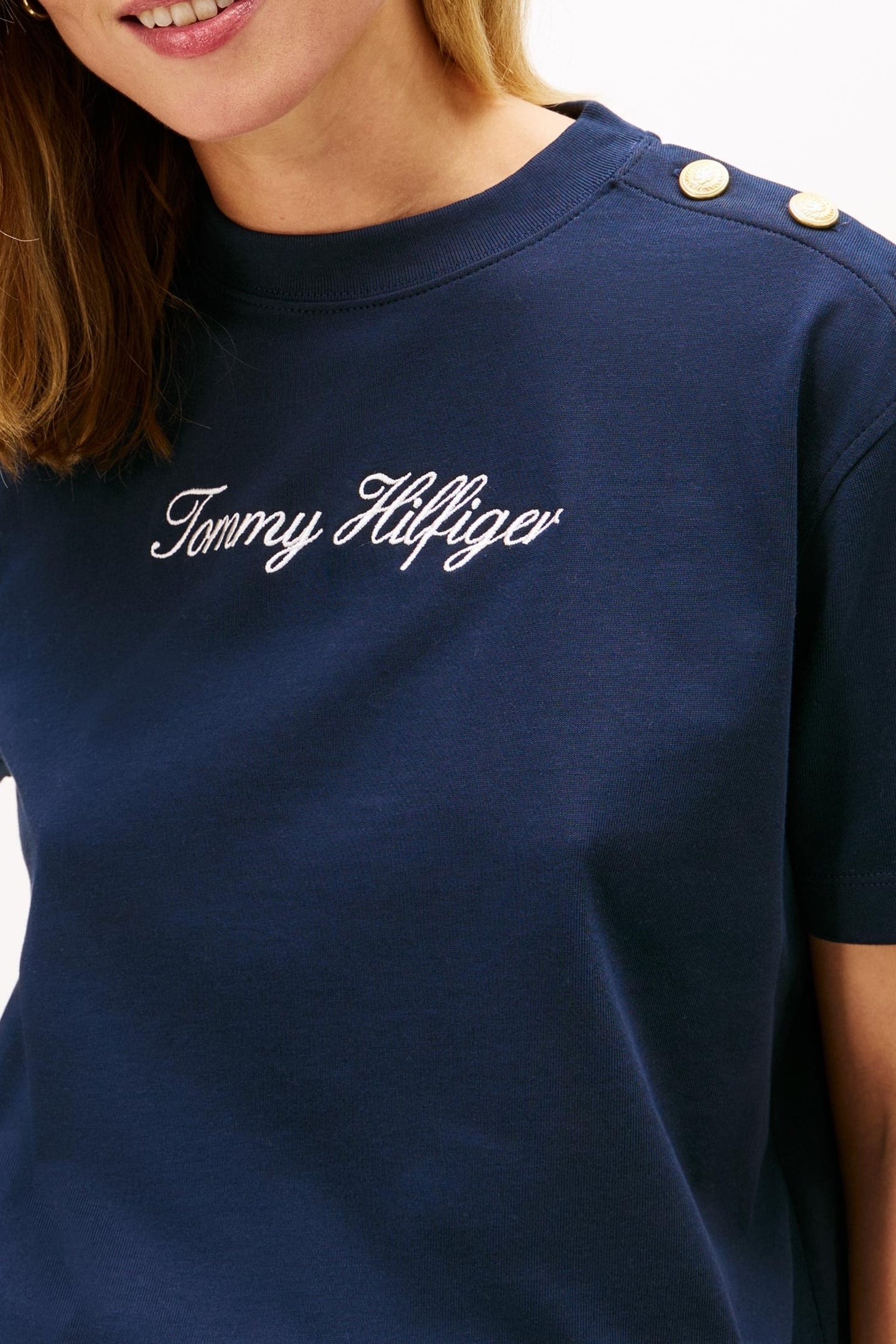 GOLD-TONE BUTTON LOGO EMBROIDERY RELAXED T-SHIRT NAVY 5