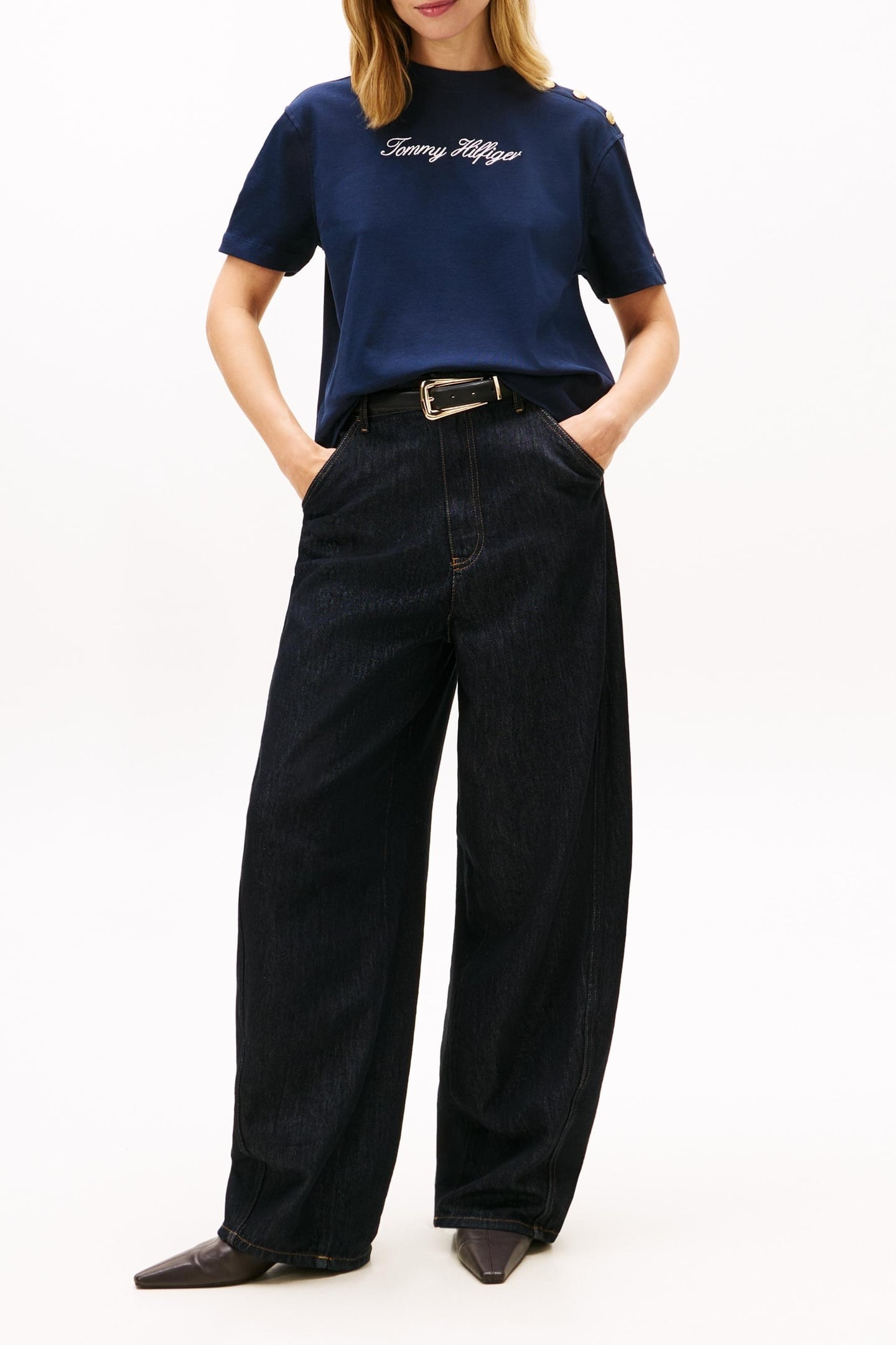 GOLD-TONE BUTTON LOGO EMBROIDERY RELAXED T-SHIRT NAVY 3