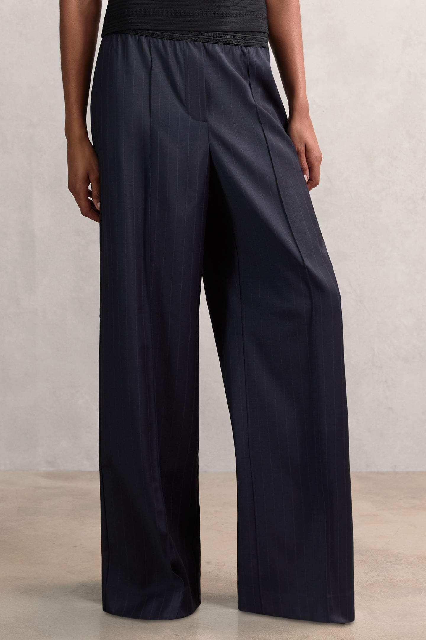 WAISTBAND PIN STRIPE WIDE LEG TROUSER NAVY 1