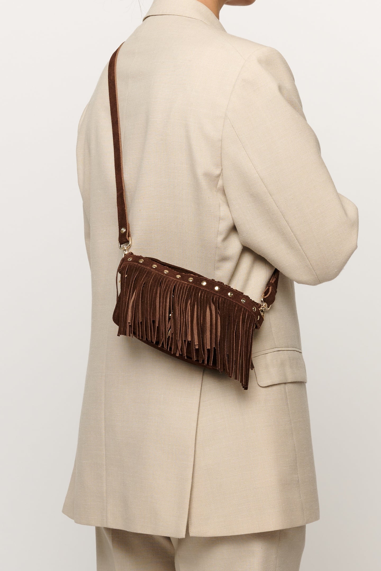 HELENA FRINGE SUEDE DARK BROWN W. GOLD 1