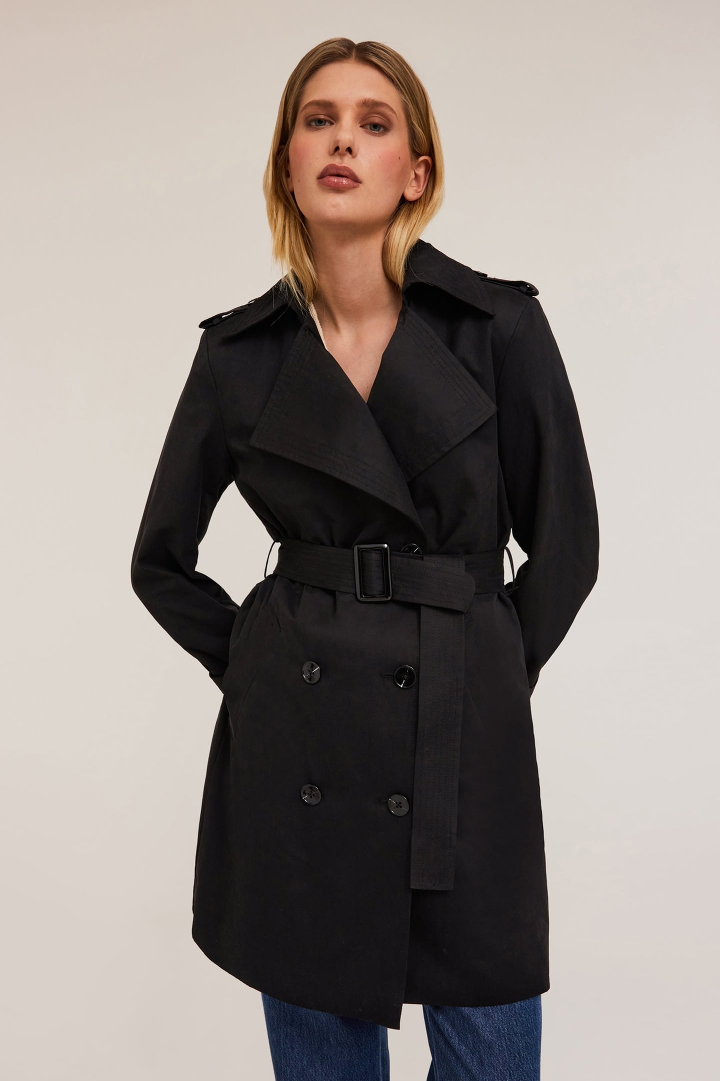 DOUBLE-BREASTED TECHNICAL FABRIC TRENCH-COAT BLACK 1