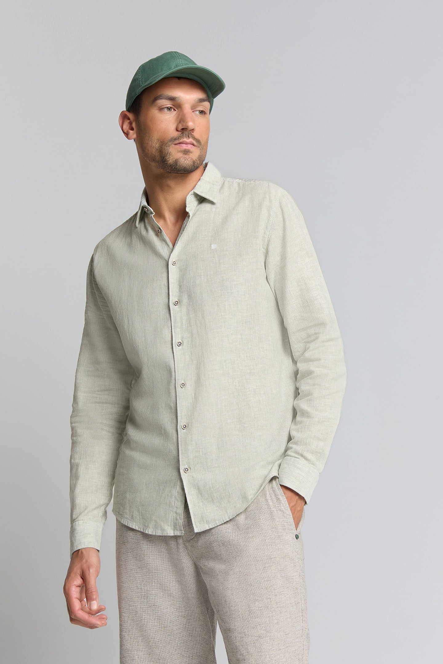 SHIRT VERTICAL SMALL STRIPES WITH LINEN GREEN 1