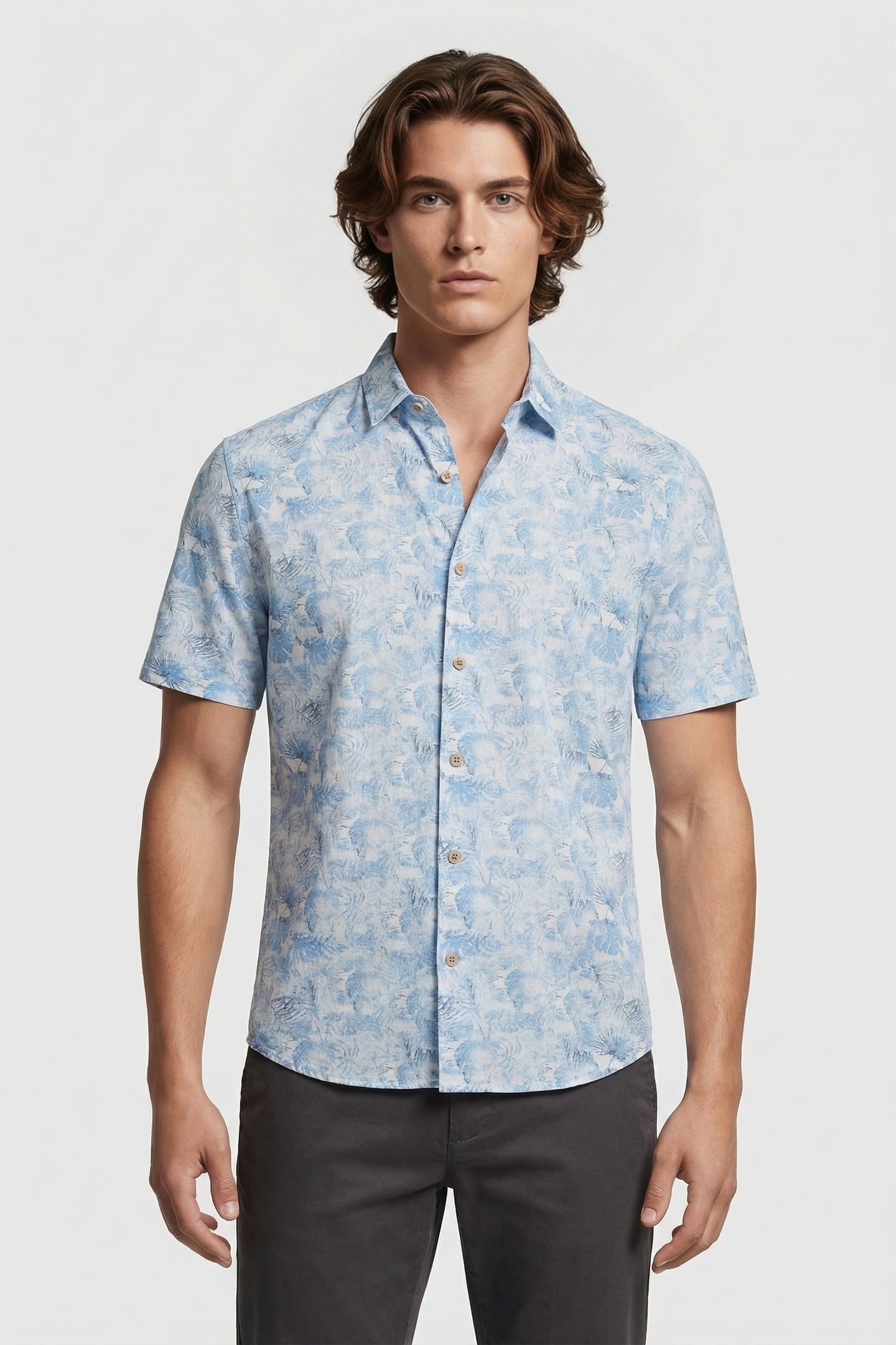 SHIRT SHORT SLEEVE ALLOVER PRINTED WITH LINEN BLUE 2