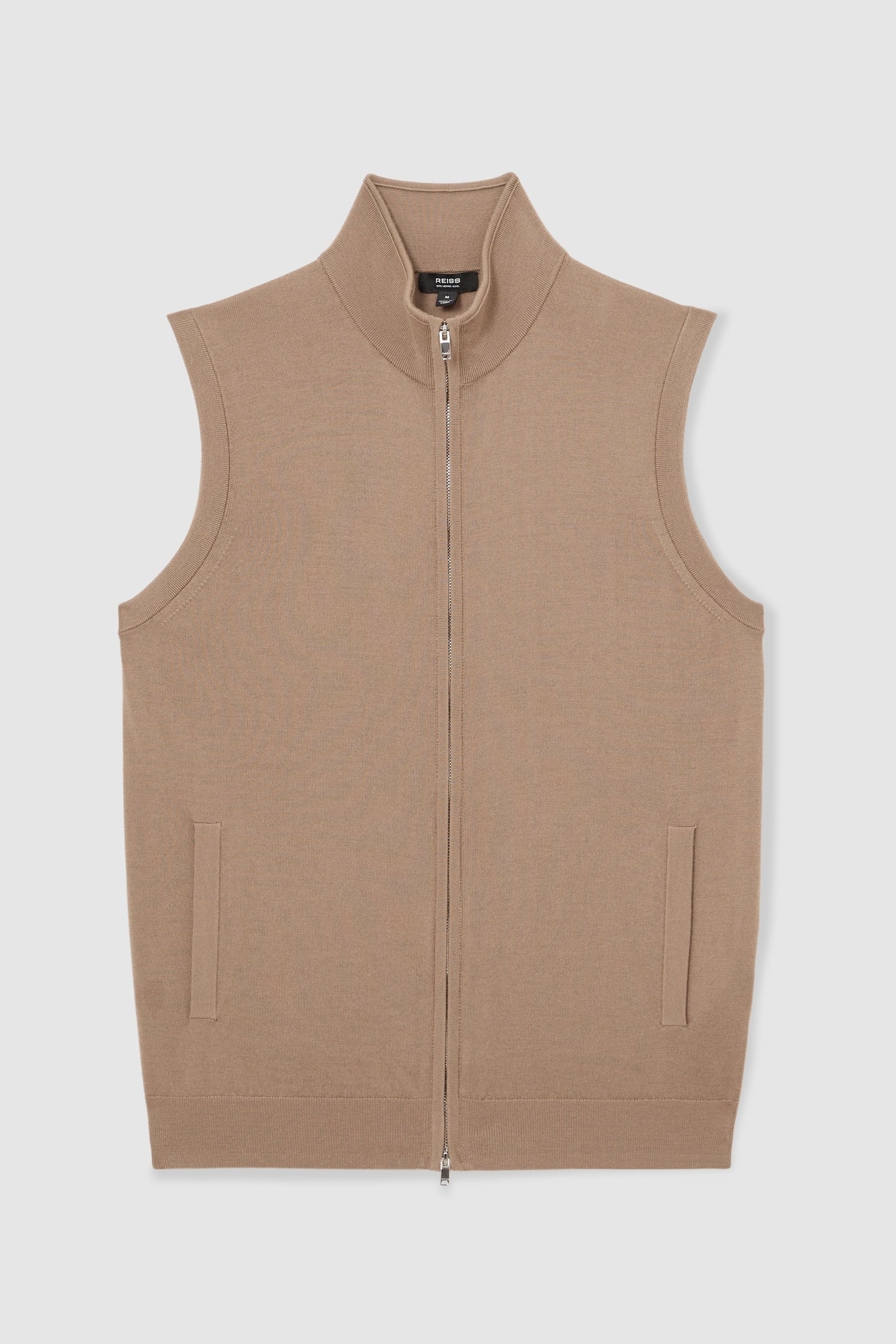 SLEEVELESS ZIP THROUGH FUNNEL NECK MERINO GILET CAMEL BROWN 4