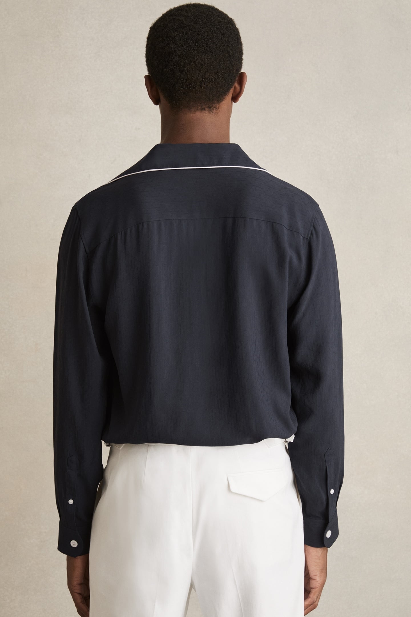 LS MONOGRAM JACQUARD CUBAN PIPED SHIRT NAVY 3