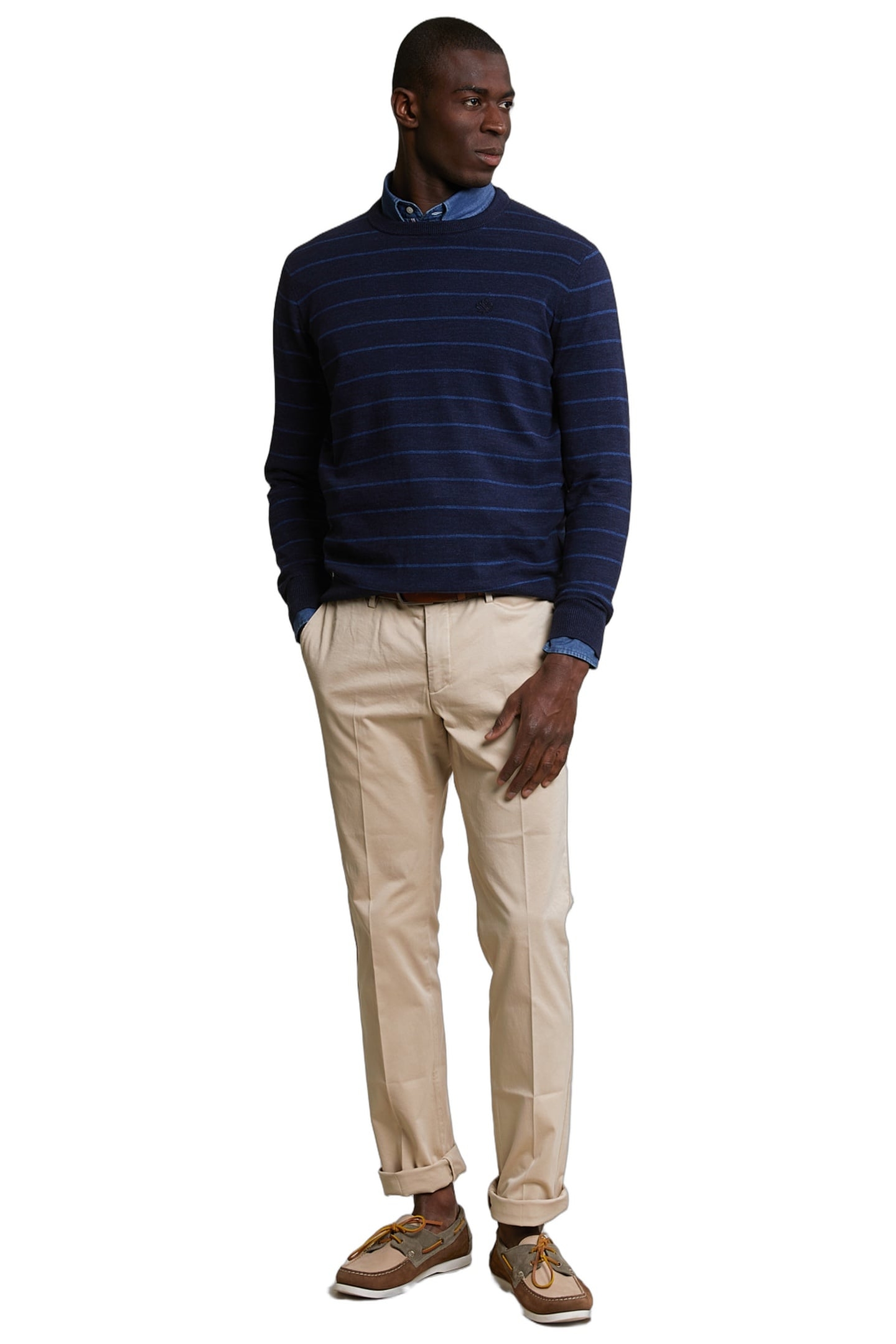 CUSTOM FIT STRIPED COTTON CREW NECK SWEATER NAVY MIX 1