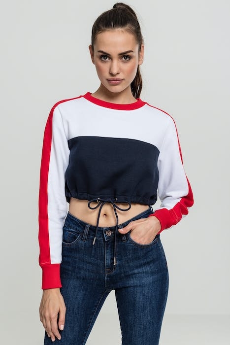 LADIES CROPPED 3-TONE STRIPE CREW NAVY/WHITE/FIRE RED 5