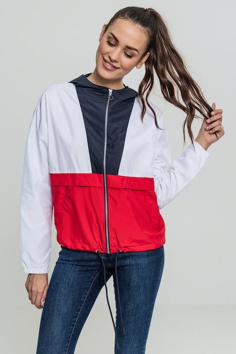 LADIES 3-TONE OVERSIZE WINDBREAKER NAVY/WHITE/FIRE RED 1