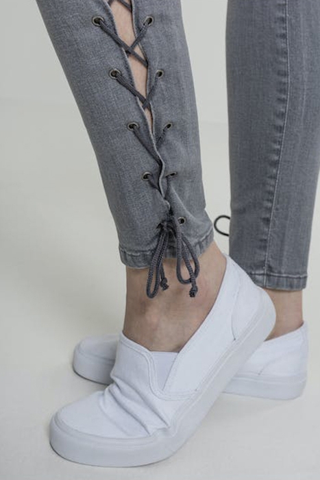 LADIES DENIM LACE UP SKINNY PANTS GREY 7