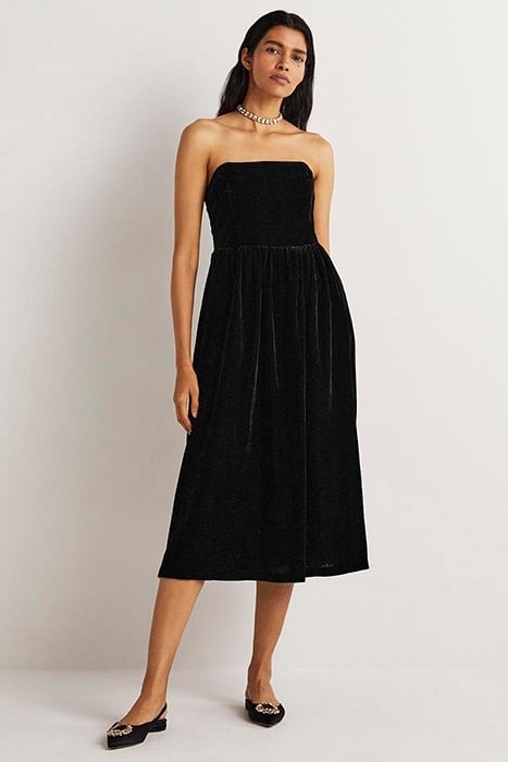 STRAPLESS VELVET MIDI DRESS BLK 1