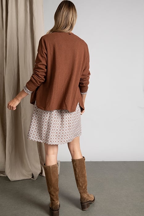 V-NECK CARDI ROUNDED BOTTOM LS BROWN 2