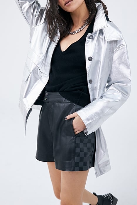 BLACK CHECKERBOARD MOTIF LEATHER HIGH-WAIST SHORTS 1