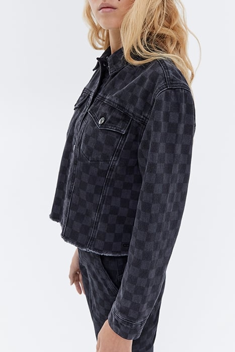 GREY CHECKERBOARD FRINGED DENIM JACKET 4