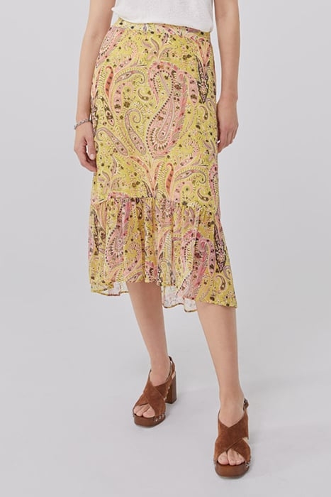 YELLOW PAISLEY SUMMER ASYMMETRIC MIDI SKIRT 1