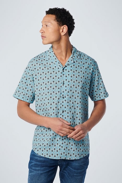 SHIRT SHORT SLEEVE RESORT COLLAR ALLOVER PRINTED LIGHT AQUA 1