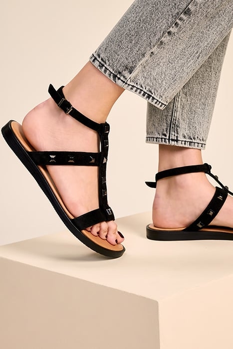 O.EBONY - FLAT BLACK SANDALS IN STUDDED SUEDE LEATHER 3