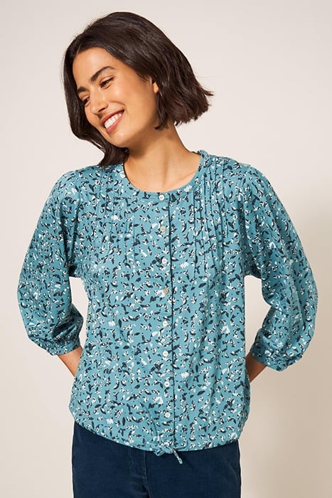 BENNIE TIE HEM SHIRT TEAL PRINTED 1