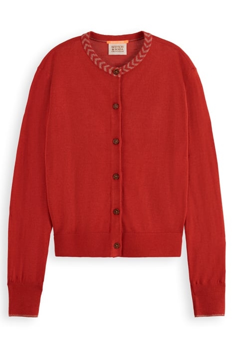 JACQUARD TRIM CREW NECK CARDIGAN RUSTIC CORAL 1