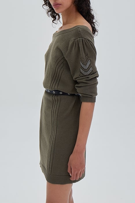 KHAKI CHEVRON STITCH KNIT SHORT DRESS 4