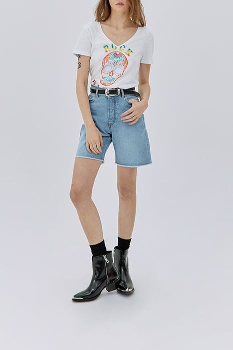 WHITE METALLIC EMBROIDERED SKULL IMAGE T-SHIRT 3