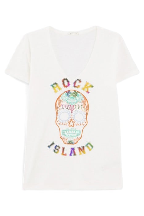WHITE METALLIC EMBROIDERED SKULL IMAGE T-SHIRT 4