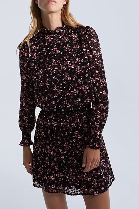 BLACK SHORT SHEER DRESS WITH PINK VELVET PRINT 1