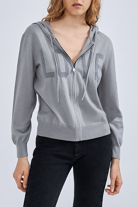 GREY KNIT CARDIGAN, JACQUARD SLOGAN FRONT & BACK 1