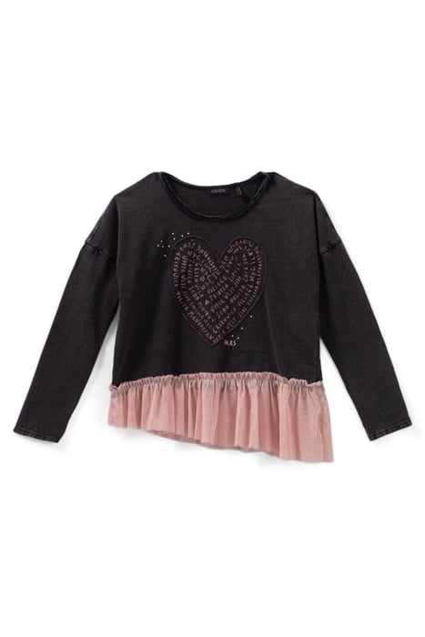GIRLS’ GREY MIXED-FABRIC T-SHIRT WITH TULLE 2