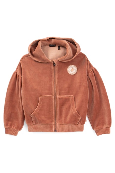 GIRLS’ COPPER PINK VELVET KNIT HOODED CARDIGAN 1
