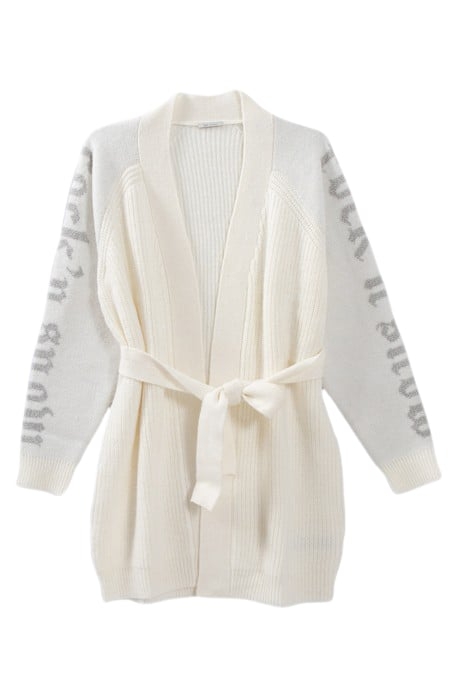 ECRU KNIT BELTED CARDIGAN WITH SLOGANS ON SLEEVES IVORY 3