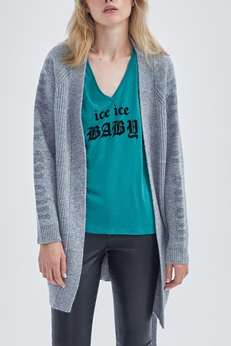 GREY KNIT BELTED CARDIGAN WITH SLOGANS ON SLEEVES GREY 1