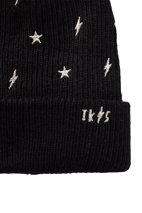 GIRLS’ BLACK KNIT BEANIE, EMBROIDERED GOLD STARS/LIGHTNING B 4