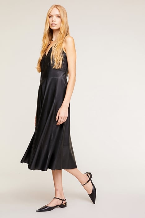 LEATHER EFFECT CIRCLE SKIRT DRESS BLACK 1