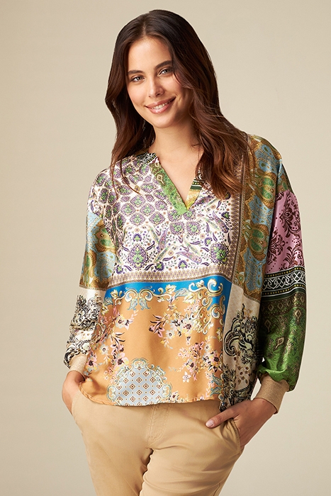 LONG-SLEEVED PATTERNED SATIN BLOUSE GREEN 1