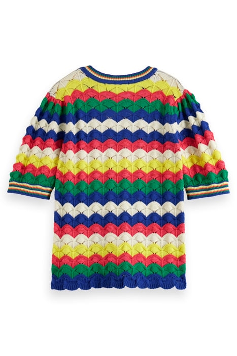 WAVE STITCH KNITTED SHORT SLEEVE PULLOVER PINK WAVE STRIPE 2