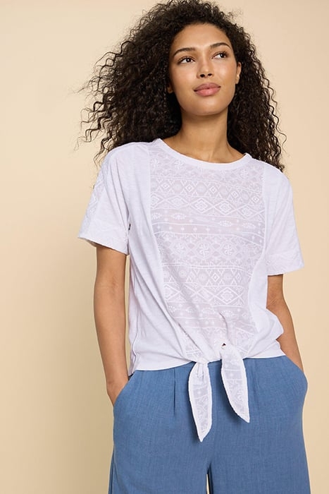 EMBROIDERED TIE HEM TOP BRILLIANT WHITE 1