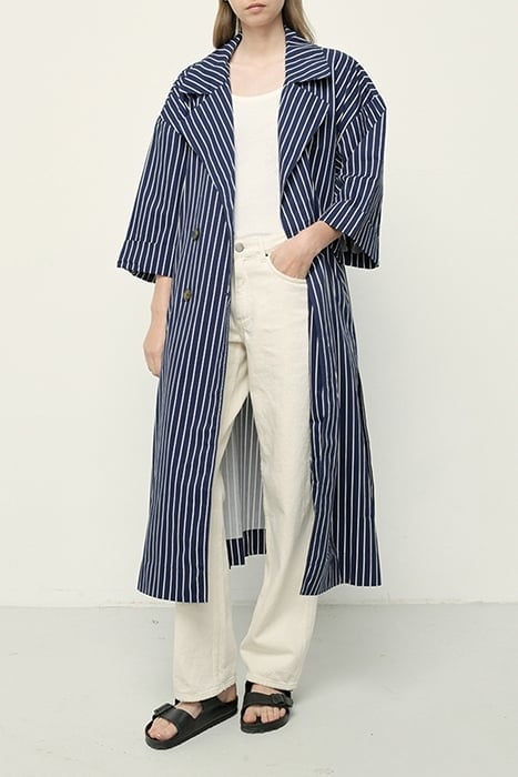 OVERSIZED BELTED LONG TRENCH RAYURES NAVY 1