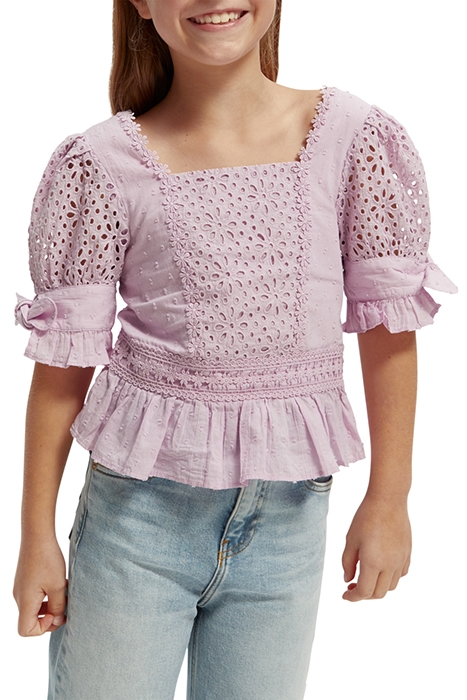 GIRLS SHORT-SLEEVED BRODERIE ANGLAISE TOP ORCHID 1