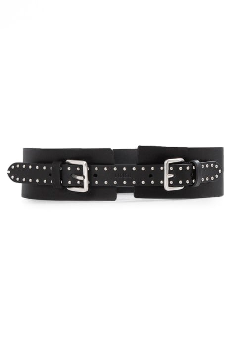 BLACK LEATHER DRESS BELT WITH STUDDED TAB 1