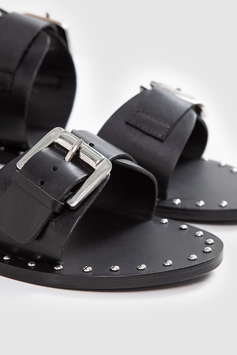 BLACK LEATHER SANDALS, STUDDED WELT, DOUBLE STRAP 7