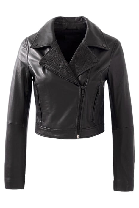 BLACK BIKER-STYLE LEATHER JACKET WITH CHAINS 4