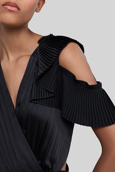 BLACK RECYCLED PLEATED LONG DRESS, SIDE CUT-OUTS 4