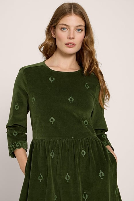 CARRIE EMBROIDERED CORD DRESS KHAKI GREEN 4