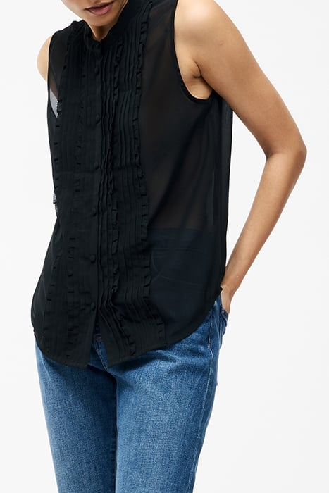 FRILL SLEEVELESS HENLEY BUTTON DOWN TANK TOP BLACK 4