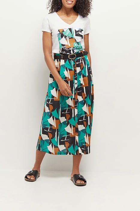 JUNE - LONG GREEN GRASS SKIRT WITH ARTY ABSTRACTION PRINT 2